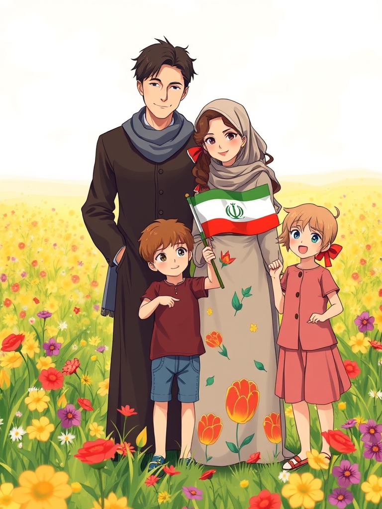 یک خانواده صمیمی شامل(پدری مهربان،مادری زیباروی،دختر نوجوان و کیوت و دلبر،پسربچه ای ناز و بازیگوش و دختری خیلی کوچک کنار خواهر بزرگش)جزییات:مادر پیراهن بلند و پوشیده آبی نفتی و روسری توردار آبی نفتی دارد و موهایش بلند و خرمایی است،پدر کت و شلوار سورمه ای پررنگ با موهای مشکی دارد،دختر بزرگ پیراهنی بلند به رنگ صابونی و طرح گلهای لاله رنگارنگ دارد و موهایش مصری و خرمایی است،برادر تیشرت زرشکی با شلوارک لی آبی و موهای قهوه ای روشن است،خواهر کوچک تیشرت دکمه دار و توری سرخابی با دامن سرخابی و توردار دارد و موهایش همانند خواهرش مصری و خرمایی است،خانواده ایرانی هستند و دختر کوچک پرچم کوچک ایران را در دست دارد و خانواده در دشتی سرسبز پر از گلهای رنگارنگ است.11