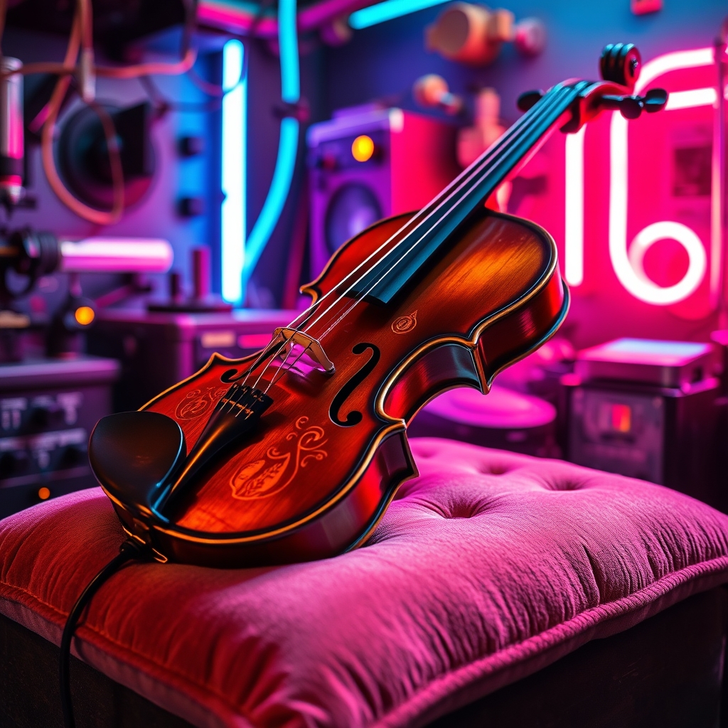 یک ویولن عتیقه با حکاکی‌های طلایی، قرار گرفته روی یک بالشت مخملی زیر نور نرم.22