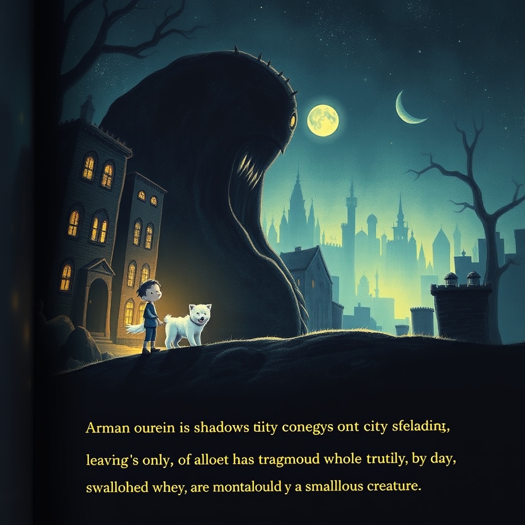روزی روزگاری در شهر سایه ها یک پسری زندگی میکرد نام آن پسر آرمان بود و اما اوسگی سفید به نام پشمالو داشت متاسفانه در شهر سایه ها همه ناپدید شده بودند و فقط آرمان با سگش زندگی میکرد که یک روز یک هیولا آنها رو خورد🤣
غصه ما به سر رسید حوصله شما هم به سر رسید 😏
در یک کتاب نورانی باشه17