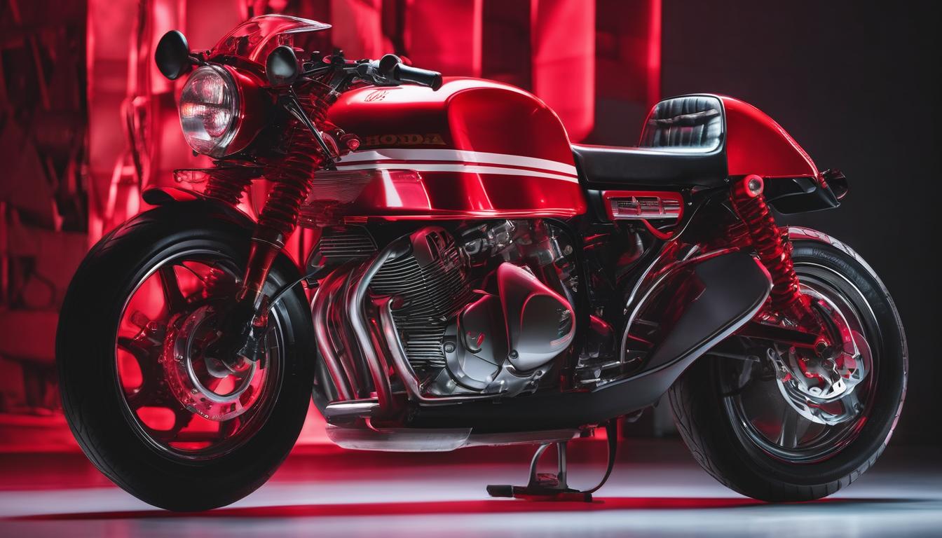 هوندا که نور قرمز بهش می‌تابد با جزئیات خفن باحال با یک مرد که سوار آن است
13