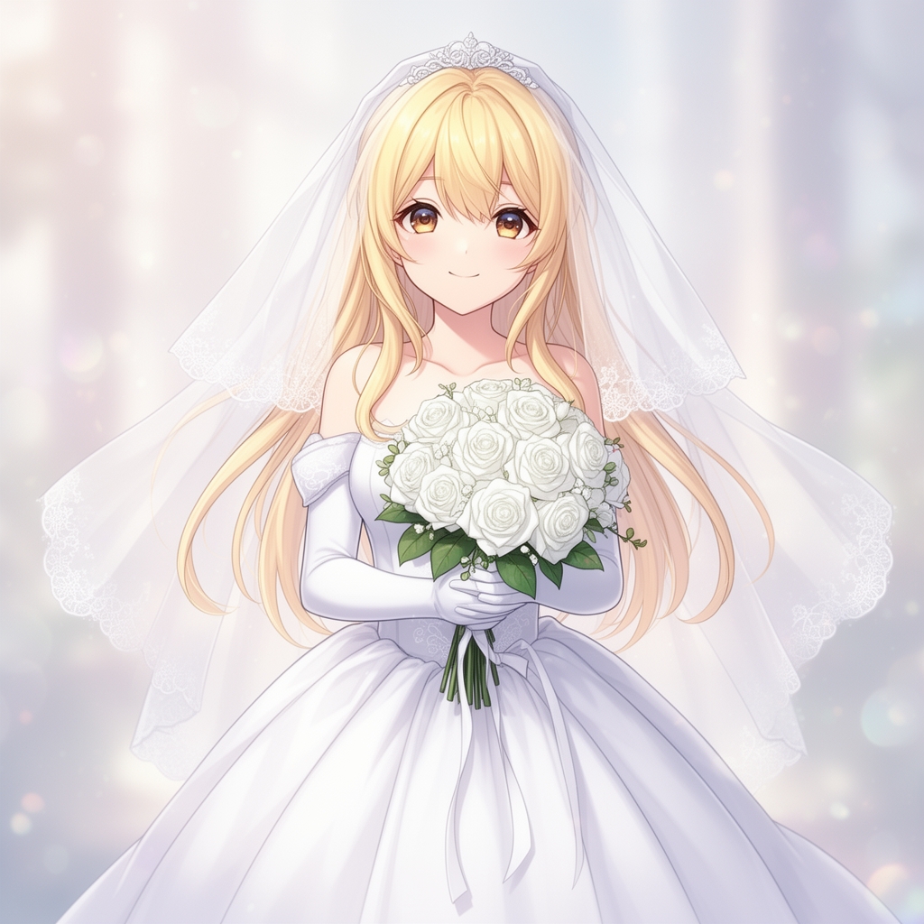 نقاشی انیمه عروس زیبا با موهای بلوند و تور و لباس سفید و دسته گل سفید1