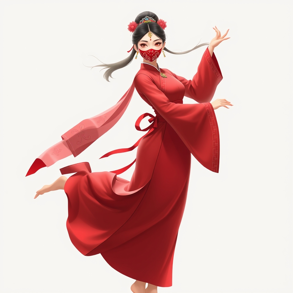 یک شاهدخت کره ای با لباس قرمز که رقم بال را انجام میده و ماسک زیبایی دهنش است 5