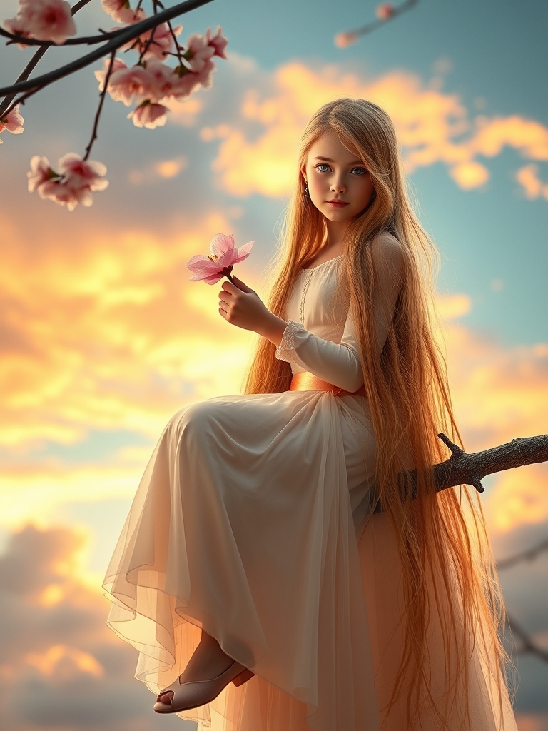 یک دختر زیبا با موهای خیلی بلند به رنگ طلایی با چشم های آبی که روی دستش شکوفه صورتی گرفته، لباسش بلند وپرنسسی وعروسکی هست، اون روی شاخه دختر نشسته وآسمان خیلی زیباست 1
