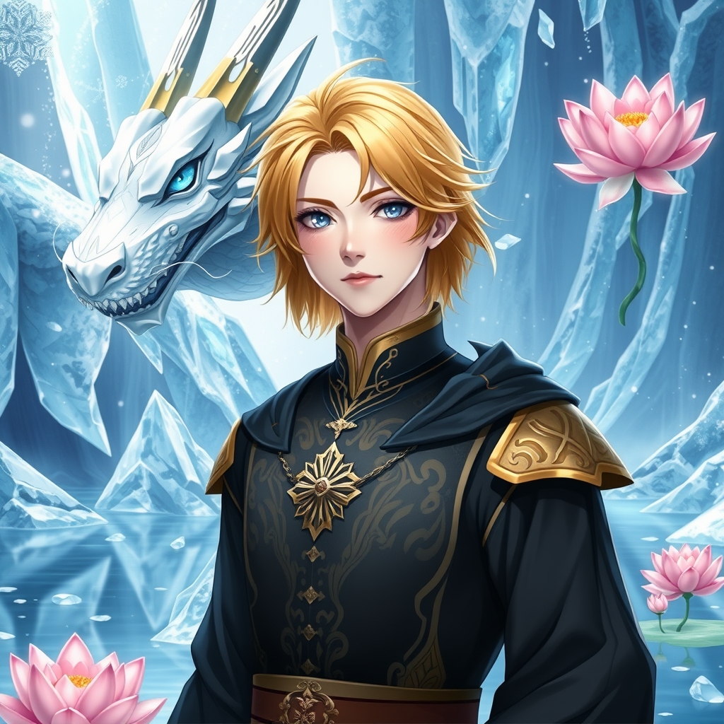 🌟مرد جوان زیبا ترین جهان همینطور در هوش مصنوعی رویایی که شکوه خدا را داشته باشد که نظیر آن در دنیا نباشد با موهای نچندان بلند و نچندان کوتاه زرد براق و باچشم های کریستالی که مردمک دریا باشد و با پوستی سفید همرنگ برف با گونه قرمز لبی سرخ با لباس سلطنتی مشکی طلایی اکلیری خیلی و با گوشواره و اژدهای بزرگ کریستالی در کنارش
زیبا 🧊 یخ❄برف🔮گویه برفی🪷شکوفه بزرگ🫧هاباب.بزرگ 2