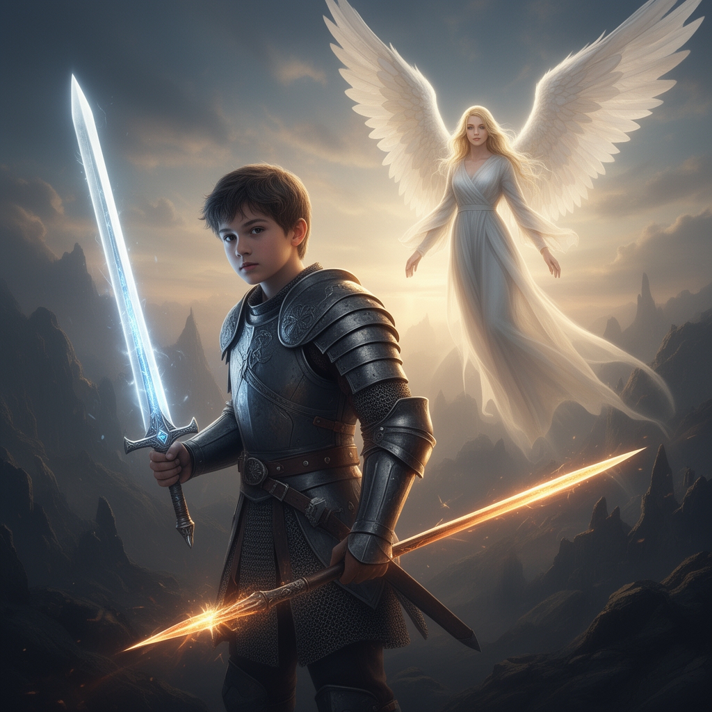 فرشته وفائیل یک پسر جوان که زره بر تن دارد و شمشیر و نیزه ی نورانی در دست دارد1