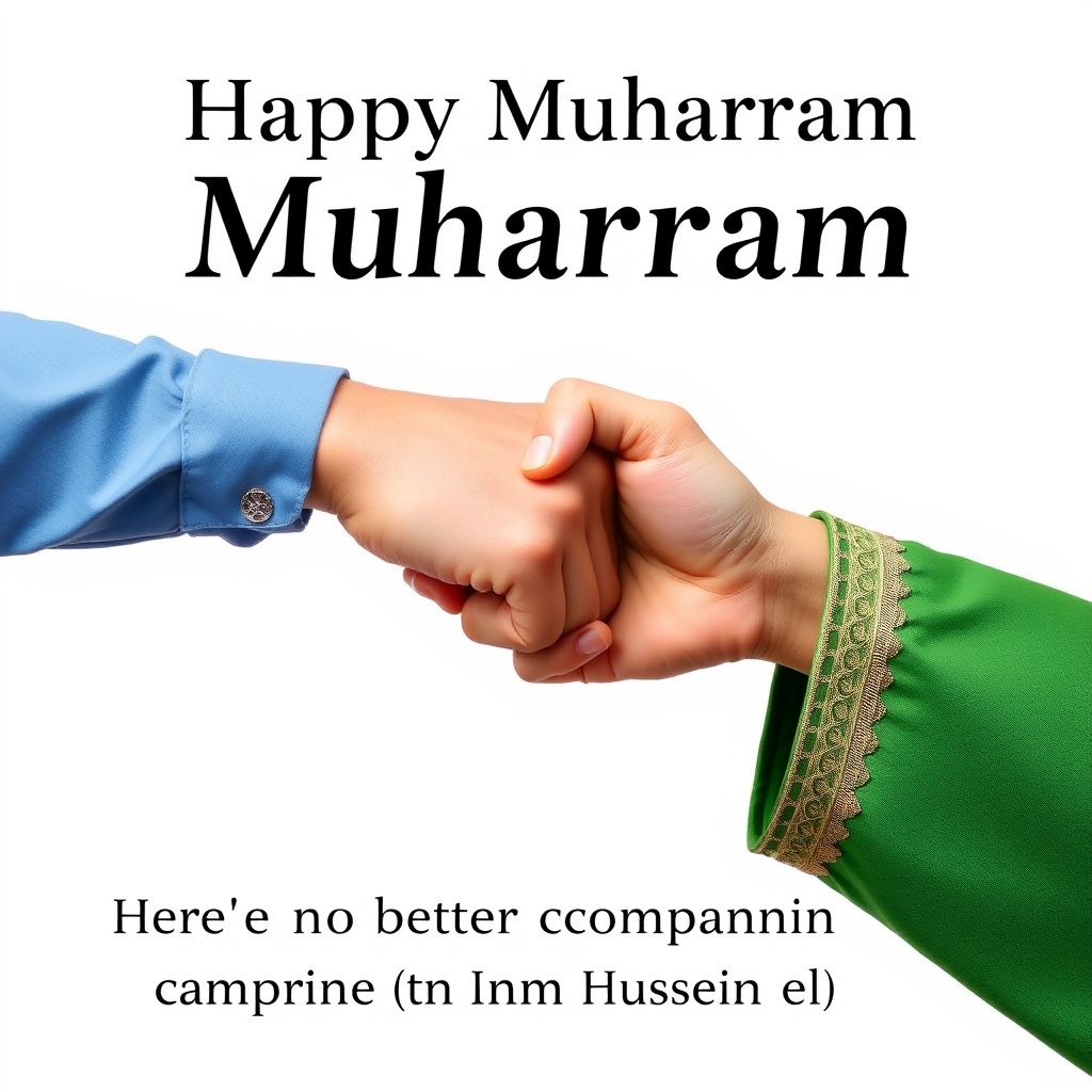 سلام برای برنامه محرم یک بنر می‌خواهم طراحی کنم که در آن از یک طرح خاصی استفاده شده باشد می‌خواهم آن طرح خاص را تو برایم انجام بدهی 
می‌خواهم یک دست زنانه از سمت راست تصویر وارد شده باشد که این دست آستین‌های سبز به صورت لباس‌های حضرت زینب با همان طراحی داشته باشد که یعنی دست حضرت زهرا است 
و از سمت چپ تصویر یک دست به صورت امروزی با آستین یک پیراهن امروزی که ساده باشد مثلاً با رنگ آبی وارد تصویر شده باشد و این دو دست مشت‌ها به هم گره خورده باشد مانند دو دوستی که به هم می‌رسند  کف دست‌ها را به صورت مشت گره زده به هم می‌دهند 
فقط دقت داشته باش نمی‌خواهم بدن پیدا باشد صرفاً از اول تا آخر هر دو دست در تصویر باشد یعنی از انگشتان تا کتف
دقت داشته باش دست سمت راستی دست حضرت زینب است که با یک لباس پیامبر گونه و رنگ سبز است و دست سمت چپ دست یک انسان امروزی با آستین مثلاً رنگ آبی ساده که هر دو دست تا کتف پیداست 
این تصویر می‌خواهد بگوید رفیقی بهتر از امام حسین ما نداریم کر کنم با این جمله بهتر می‌توانی این دو دست را که مانند دو رفیق همدیگر را گرفته‌اند طراحی کنی

دقت داشته باش بکگراند سفید مطلق باشد12