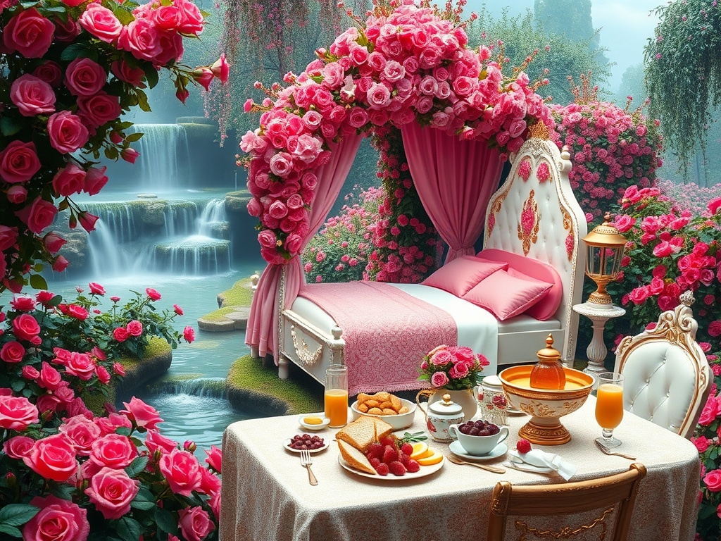 باغ گل رز سرخ و صورتی در و دیوار زمین همه جا سرتاپای باغ با رز سرخ و صورتی پوشیده شده
آبشاران جاری اند
رودها به هم می ریزند
یک طاق گل صورتی
یک تخت خواب سفید طلایی سلطنتی با کوسن صورتی
یک میز سفید و طلایی مجلل صبحانه
پر نان کره خامه عسل مربا شیر میوه 4