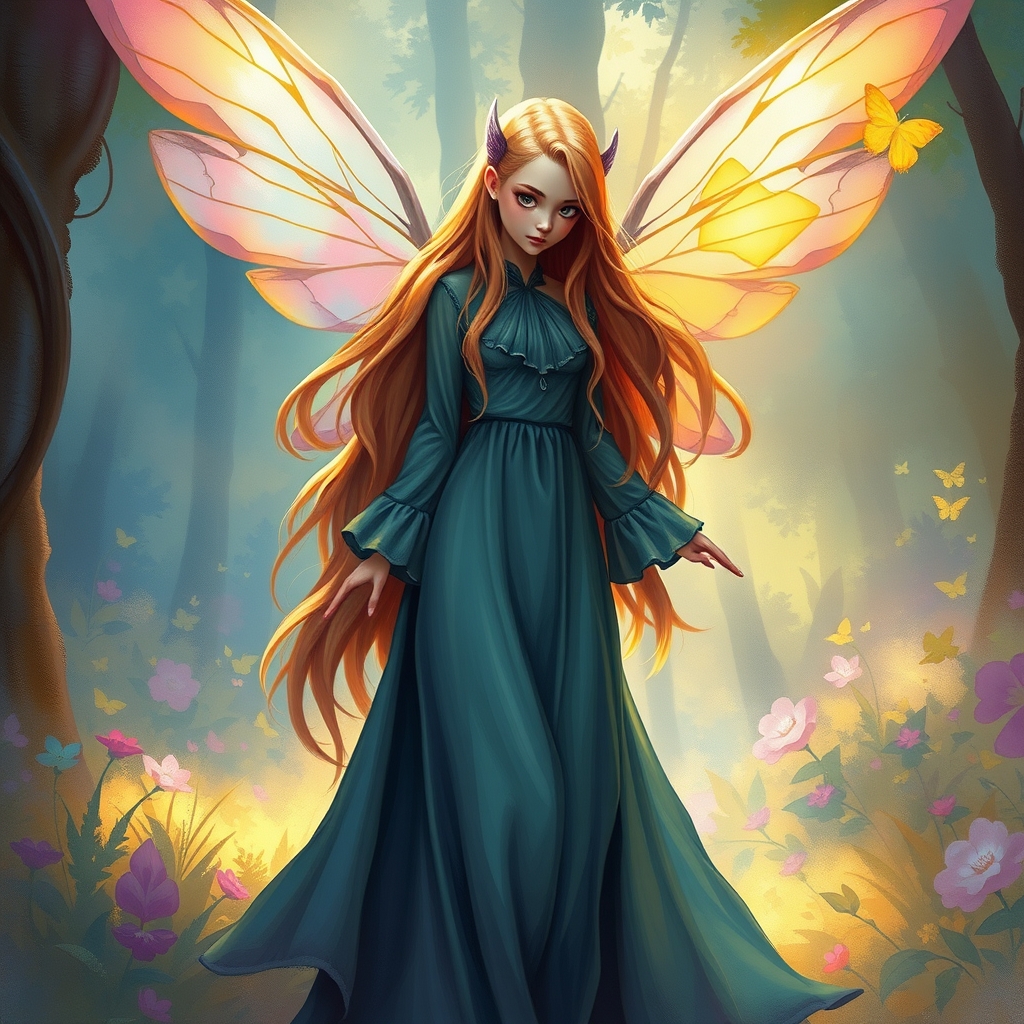 یک پری دختر زیبای بال دار با مو های بلند رنگارنگ 14