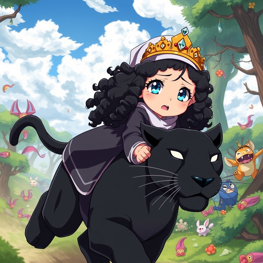 دختری زیبا با موهای سیاه حالت دار که تاج زرد و که الماس روی آن است دارد و چشمانی آبی که سوار پلنگ سیاه است آسمان نیمه ابری است و پلنگ در حال دویدن است و و پشت زمینه ی آن جنگلی پر از موجودات عجیب و زیبا است و دختر قیافه ی مصصمم دارد ولی کمی ناراحت است
5