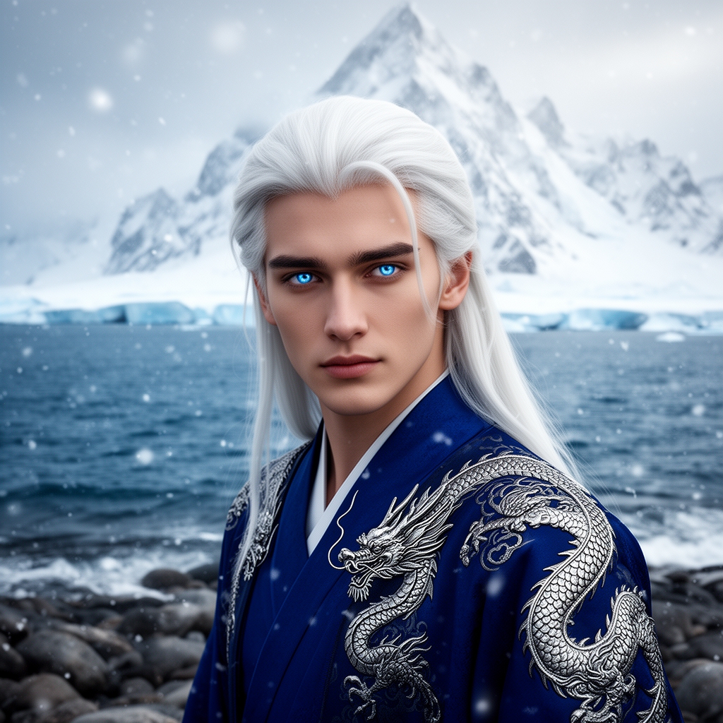 زیباترین مرد جوان در جهان حتی در رویایی که شکوه خدا را داشته باشد که نظیر آن در دنیا نباشد که همه از شدت زیبایی به او سجده کنند که با چشمان کریستالی آبی رنگ که در مردمکش دریا واقع شده است و با پوستی سفید همرنگ برف که با موهای سفید رنگ بلند که با لباس سلطنتی ابی که اژدهای نقرهای رنگی بر روی آن حکاکی شده باشد زیبایی باشد پشت سرش کوهستان یخی باشد و برف هم در حال باریدن باشد0