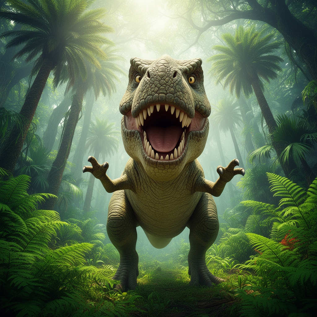 یک دایناسور تیرکس که سعی دارد با دستهای کوتاهش سلفی بگیرد، زاویه دوربین کج و بامزه، دهان باز و خندان، پسزمینه جنگل ژوراسیک.2