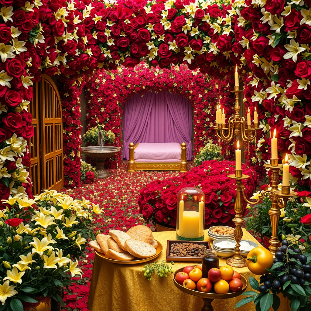 در باغی پر گل سرخ و لی لی یم زرد و سفید اطلسی شب بو
در و دیوار بلند آن پوشیده از گل سرخ لی لی یم زرد و سفید اطلسی و شب بو
زمین پر گل سرخ لی لی یم زرد و سفید اطلسی شب بو
وسط باغ
تونل مسقف از گل سرخ و لی لی یم
گوشه کنار رود آبشار جاری ست
یک تخت خواب قرون وسطایی طلایی با کوسن صورتی پر شده با گل سرخ و لی لی یم
شمعدان های پر شمع گوشه کنار دیده می شود
و میز مجلل طلا
پر نان کره خامه عسل مربا باقلوا شیر گردو پسته آجیل
و میوه مثل انگور انار سیب18