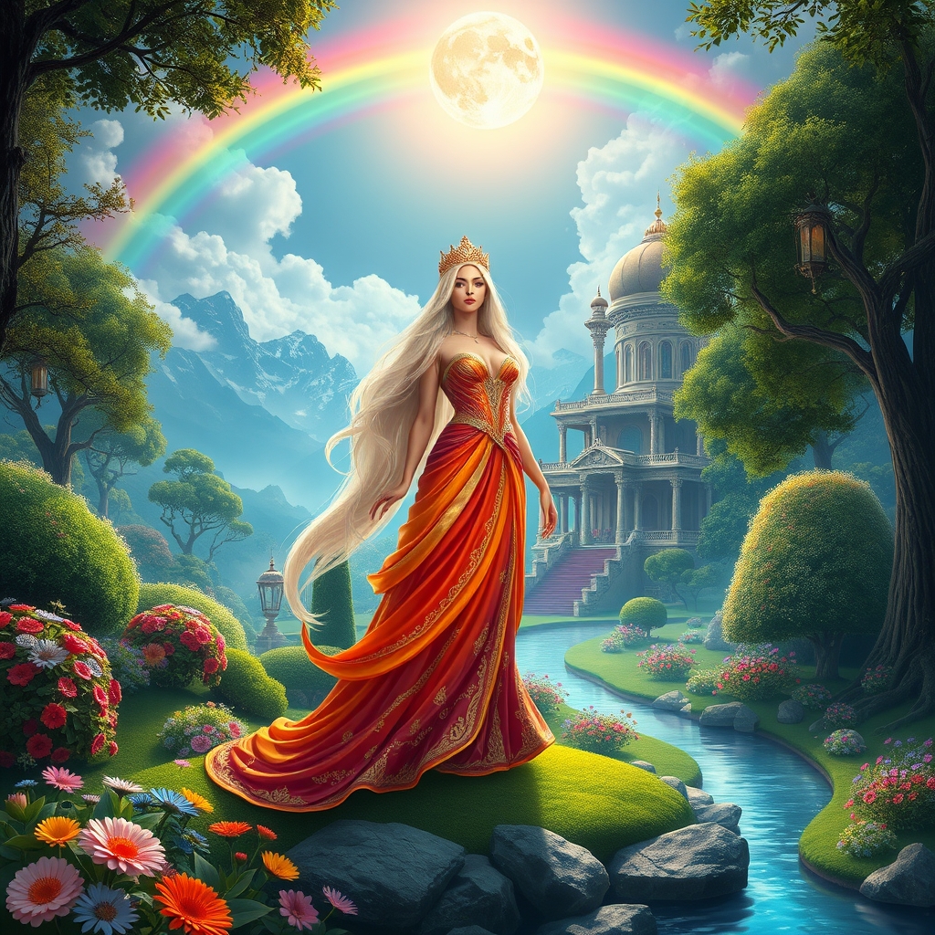 رویایی ترین باغ بهشت و حوری بهشت مانند ماه با لباسی شگفت انگیز و خوش رنگ و موهای بلند و شیری با تاجی زیبا قصر رویایی و رنگین کمان و درخت و گل و رود7