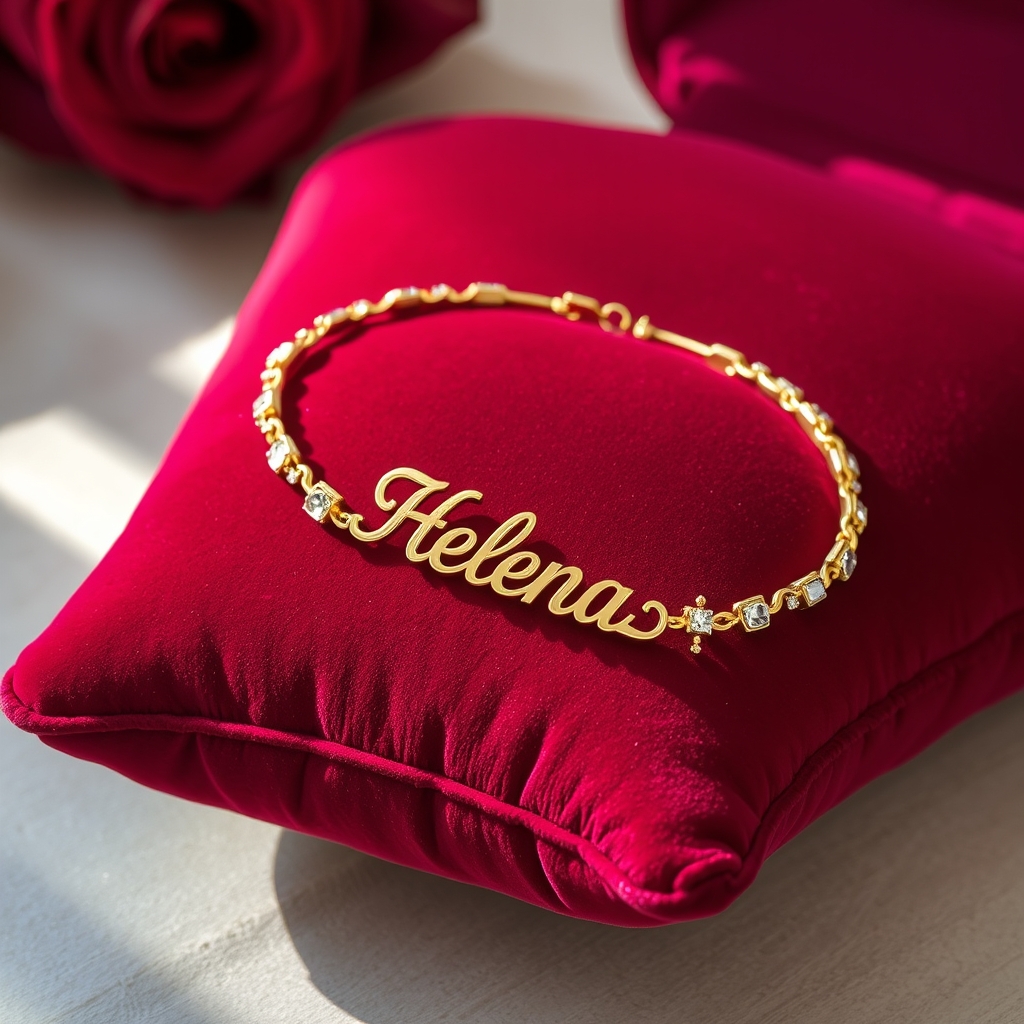 دستبند طلایی با نام هلنا به انگلیسی و با جواهرات سفید روی یک بالش زرشکی سلطنتی16