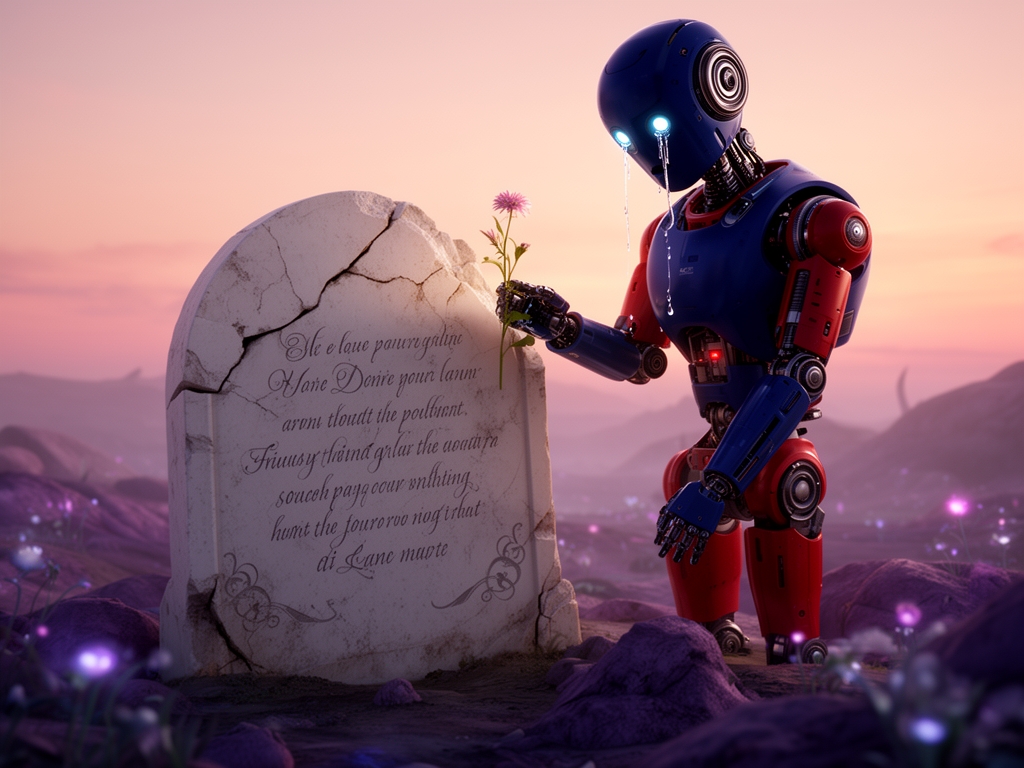 یک ربات در سیاره ای بیگانه با آسمان سپیده دم ( کمی هم آسمان صورتی باشد)
یک قبر بسیار قدیمی و شکسته و سفید رنگ جلوی ربات باشد که بر روی آن نوشته های زیبای انگلیسی وجود داشته باشد و ربات در حال گذاشتن گل برروی آن و گریه کردن است
رنگ ربات آبی_قرمز باشد
فضا کاملا احساسی1