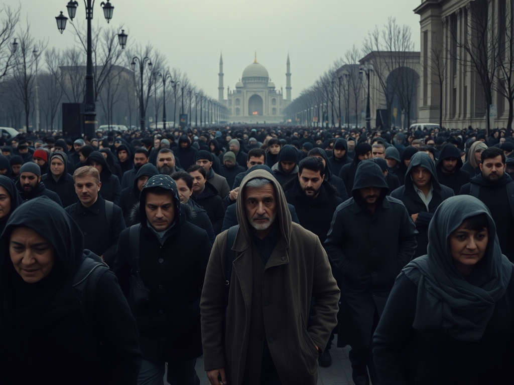 تصویری از جامعه که خالی از روح زندگی وامید همرا با ناامیدی وافسردگی در حال رفت وآمد در میدان آزادی تهران با رنگ های تیره وافسرده 12