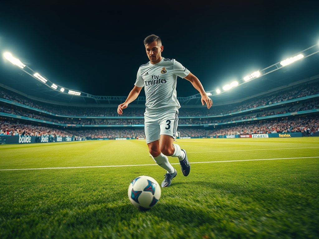 عکس یک شخصیت بساز که فوتبالیست باشد ودرحال روپایی زدن باشد و لباس تیم رءال مادرید2