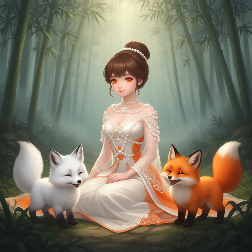 یک دختر نیمه روباه ونیمه انسان با موی بند قهوهای و لباس مرواریدی زیبا و درخشان سفید نارنجی و توری و با چشم هاینارنجی خیلی پرنگ و درخشان و چند روباه ناز که یکی سفید و اون یکی نارنجی یاشد دختره نشسته تو جنگل چینی5