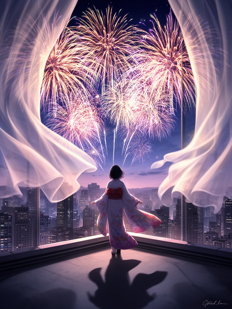 یه دختر که 👘 پوشیده و روی لبه ی ساختمون بلند ایستاده . پس زمینه ✨🎆فشفشه ای و پرده های پنجره در حال رقصیدن اند 
نما از پشت باشه و سایه ی دختر معلوم باشهد0