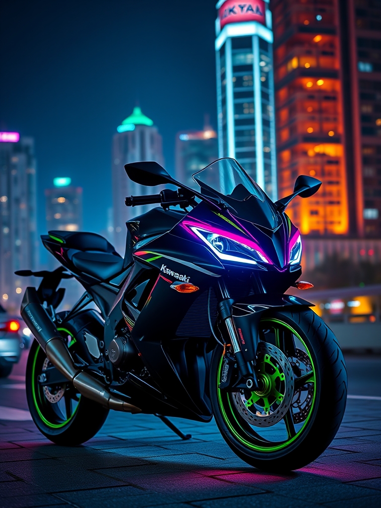 موتور کاوازاکی نینجا مشکی براااق نئونی، در منظرهای از شهر نورانی، پسزمینه شب، با رنگهای زنده و جزئیات زیاد.3