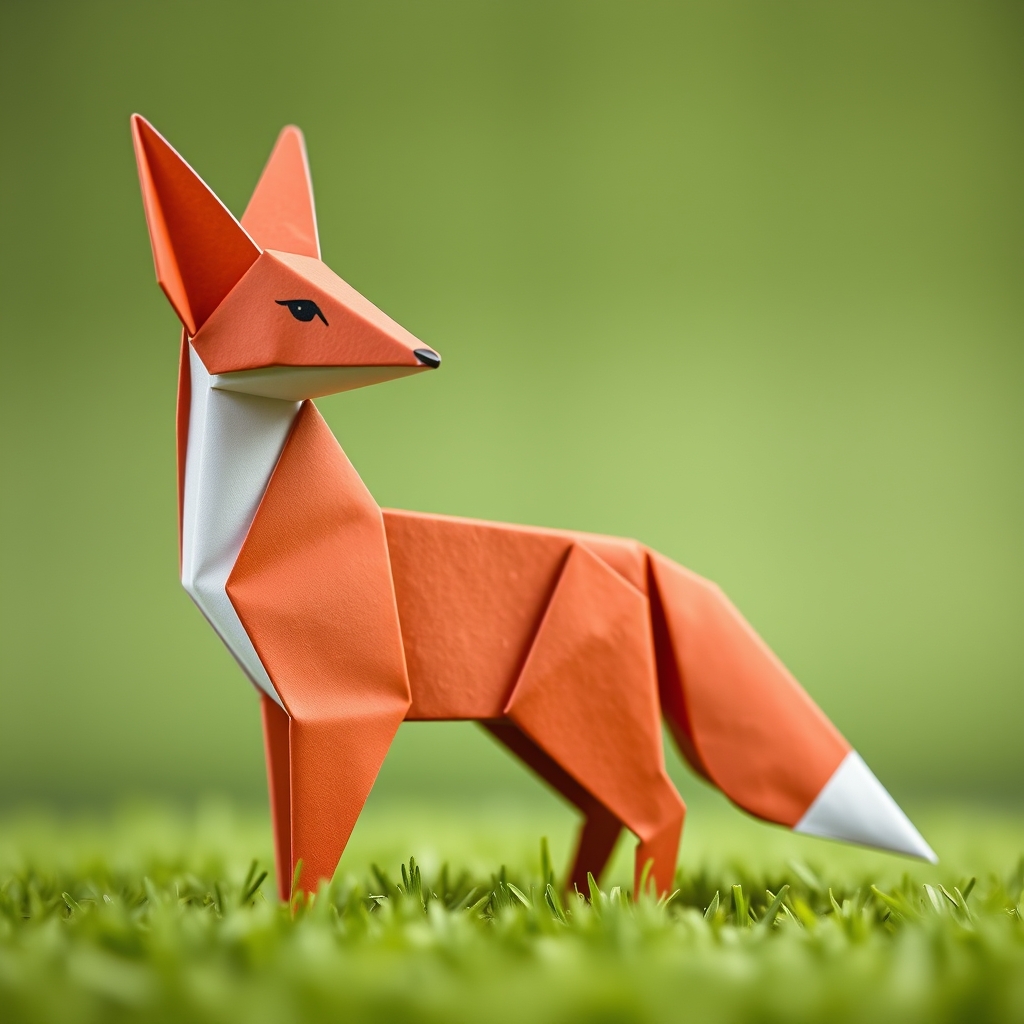 The image shows a fox with a reddish-brown fur, standing in a grassy area with its ears perked up, looking to the side. The background is blurred, emphasizing the fox as the main subject.18