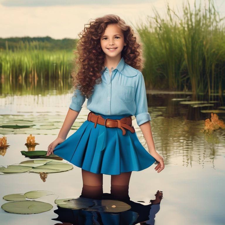 دختری با مو های فرفری قهوه ای در برکه ایستاده با لباس دامن و بولیز آبی 
3