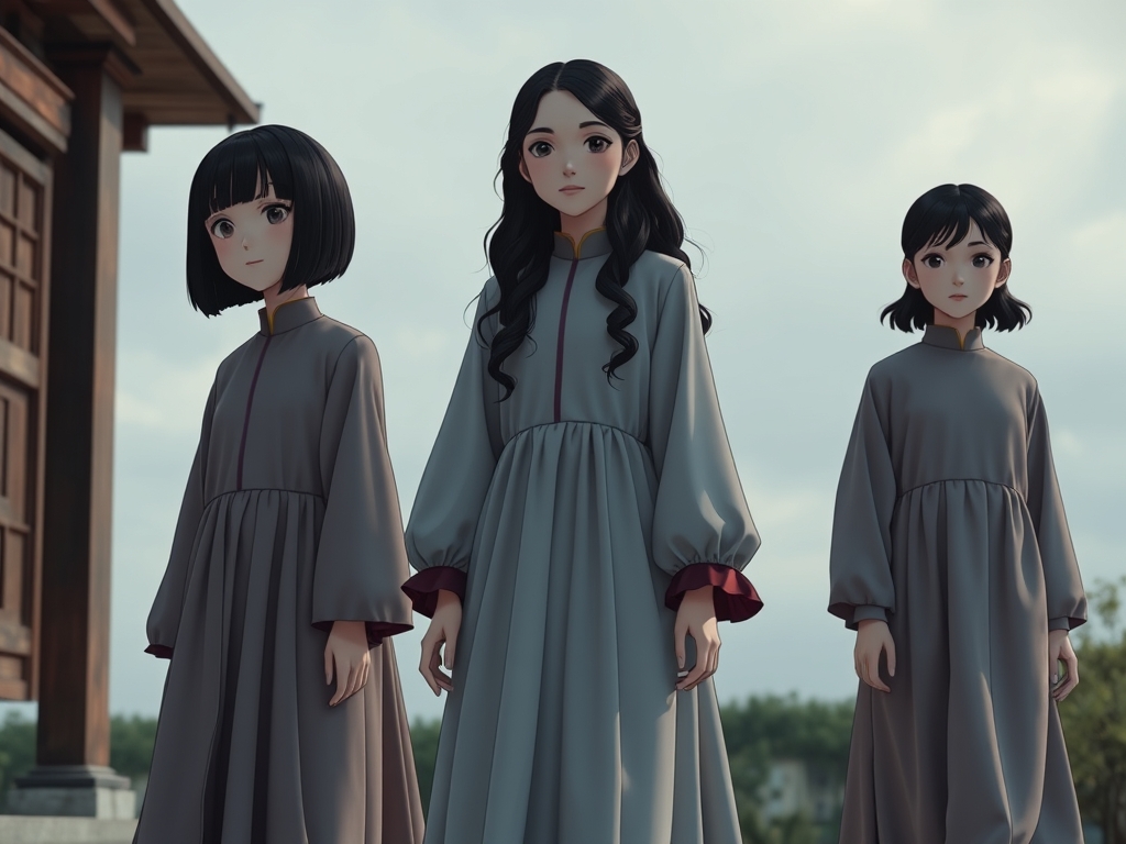 تصویر سه دختر که دختر اول با موهای کوتاه تا سرشانه مشکی و صاف و بدنی متوسط دختر دوم با موهای بلند و مشکی و نه صاف ونه موج دار بدنی لاغر و دختر سوم با موهای کوتاه و موج دار مشکی و بدنی لاغر7