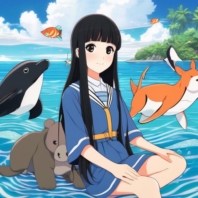 دختری با موهای مشکی و صاف که به حیوانات و دریا علاقه دارد0