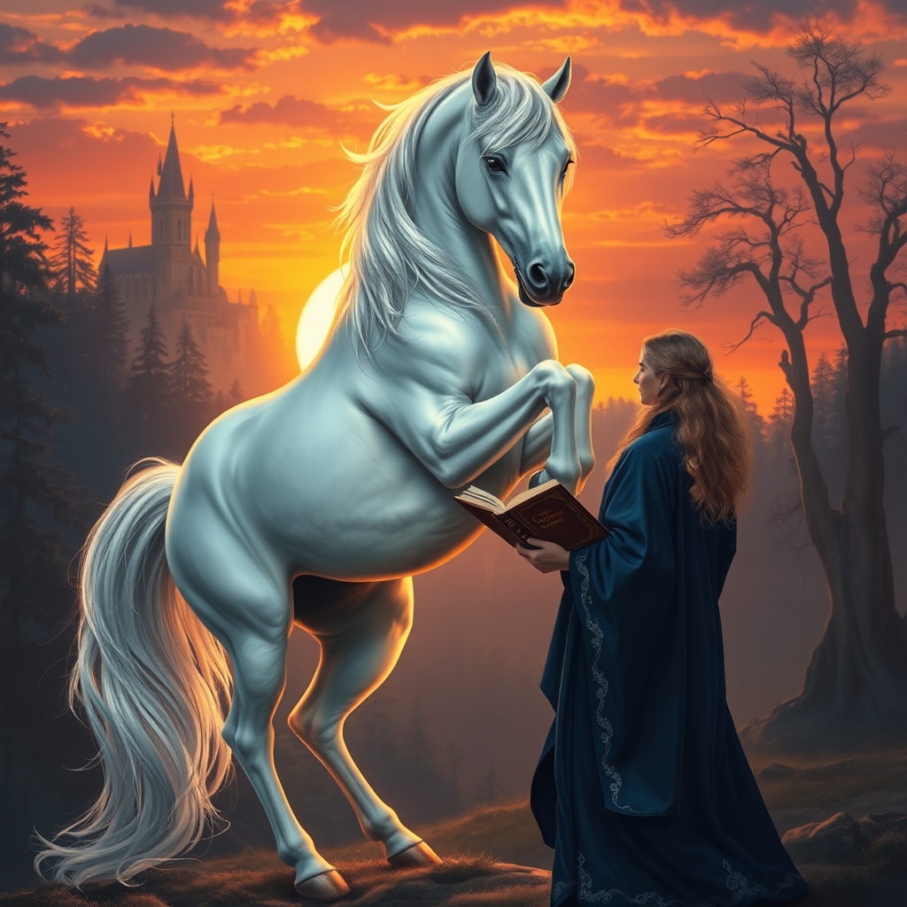 اسبی سفید که در مقابل شخصی که کتاب به دست دارد پاهایش را بلند کرده است.12