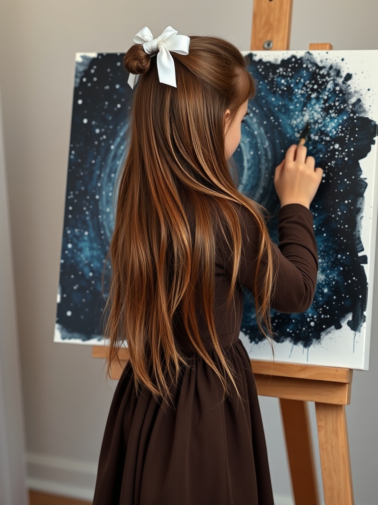دختری با موهای قهوه ای روشن چشمای قهوه ای پیراهنی قهوه ای تیره با روبان پاپیونی بارنگ سفید بر روی سرش و در حال نقاشی کردن است و نقاشی شب پر ستاره را می کشد آن دختر مو های بلندی دارد وان دختر من باشم15