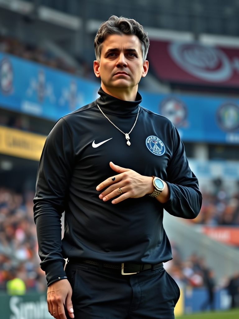 عکس ی مربی تیم استقلال تهران ورزشگاه آزادی بساز
که با شلوار مشکی پیراهن مشکی با آستین های بالا زده با انگشتر و ساعت و یه گردبند و موهای فرفری و یک تاتو ۱۳۹۱ رو گردن و یک قلب مشکی کوچک رودست تتو دار انگشتر و ساعت و گردبند و موهای کوتاه فر فری 13