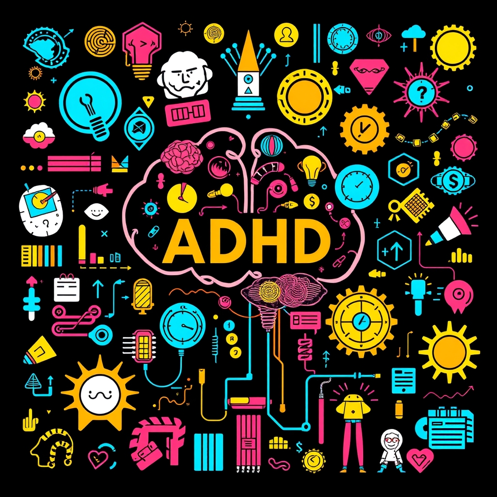 a stunning, highly detailed illustration of a piktogram set representing ADHD, rendered in ultra high resolution, with crisp lines, vibrant colors, and intricate patterns, showcasing a variety of symbols, icons, and graphics that creatively convey the complexities and nuances of ADHD, with a visually appealing layout and a color palette that is both energetic and thought-provoking, every element carefully crafted to provide a unique and captivating visual experience.1