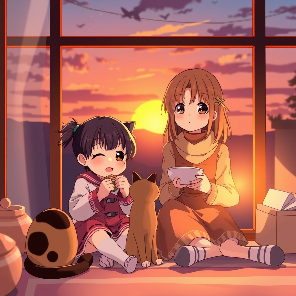 دوختری در کنار صا حل دارد غروب خورشیدرا تماشا میکندو گر به ای در کنار او نشسته بود و غذا ی دختر کوچولو ی۴ ساله تخسیم کرده بود می خورد و لزت میبرد دختر کوچولو ی ۴ ساله هم درکنار گربه میخورد واز تماشای غروب خورشید لذت میبرد🥰18