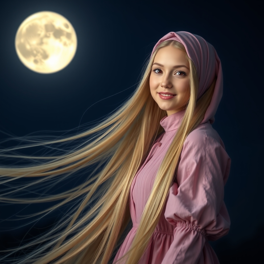 بانوی جوان با موهای خیلی خیلی بلند به طوری که تا زمین میرسد موهای زرد شیری با چشمان یاقوتی لباس صورتی پف دار ودر زیر نور ماه ایستاده و لبخند زیبایی می زند 13