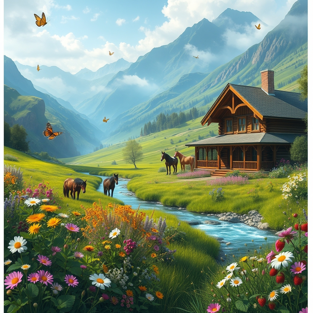 ی جا خیلی سر سبز با کوه های سبز و کمی مه الود با کولی گل های زیبا و ی رود خانه زیبا با چند تا اسب خوشگل و پر وانه ها که پرواز می کنند و بوته های تمشک و توت فرنگی و ی کلبه جوبی بزرگ كه از دودکش اش دود میاد با ایوانی بسیار زیبا18