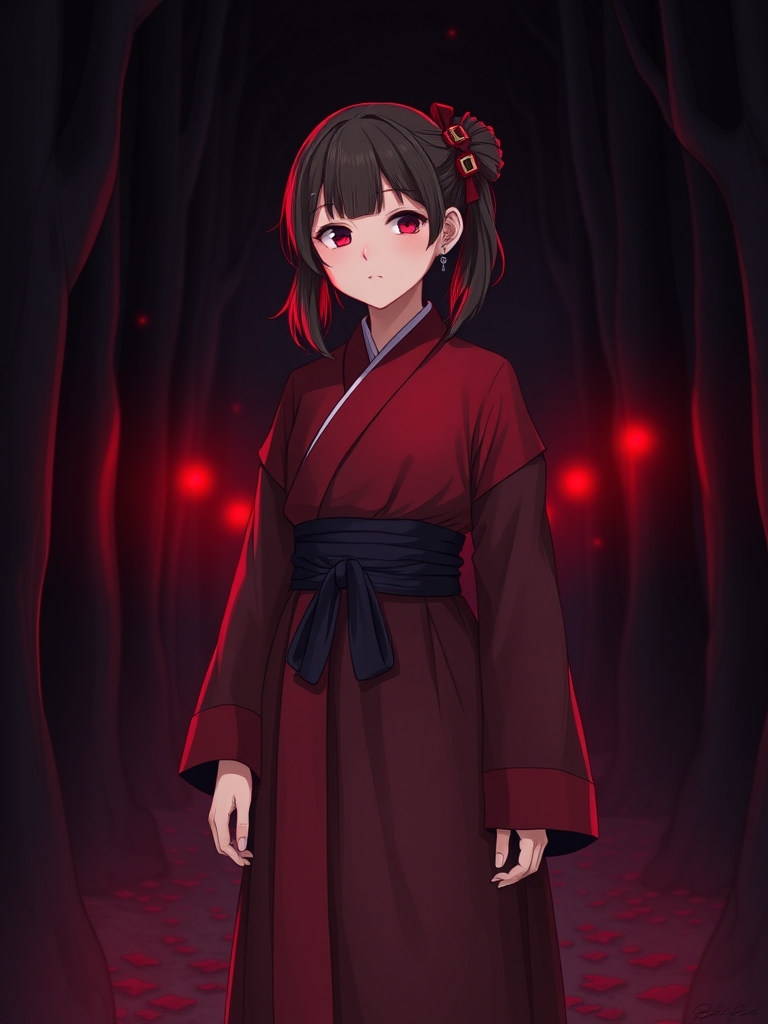 یه دختر با لباس های قرمز و سیاه و پس زمینه اش یه جنگل که کلش سیاه باشه با نور های قرمز13