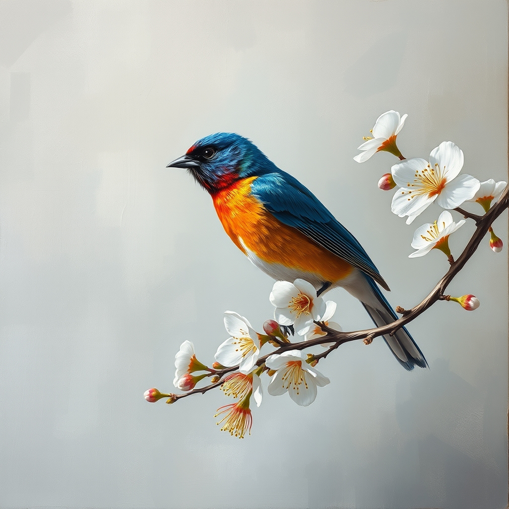 The image is a painting of a bird perched on a branch. The background is a muted, textured gray and white, creating a calm and serene atmosphere.17