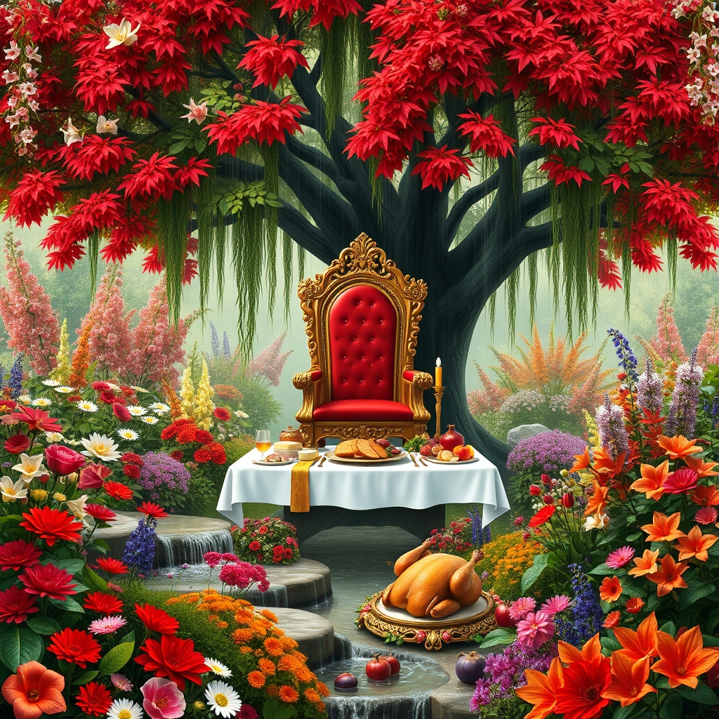  باغ بارانی پر گل سرخ لی لی یم ارکیده کوکب نرگس رز سوسن سنبل نسترن اطلسی شب بو پر درختان پرشکوفه سفید و صورتی سیب درختان پرشکوفه آس و بهارنارنج
 زیر سایه یک درخت افرا با برگ های سرخ
 یک تخت سلطنتی طلا بلند و باشکوه با کوسن های قرمز یک میز سفید پر نان کره خامه عسل انگور انار سیب انجیر مرغ بریان و رودها و آبشارها جاری ست22