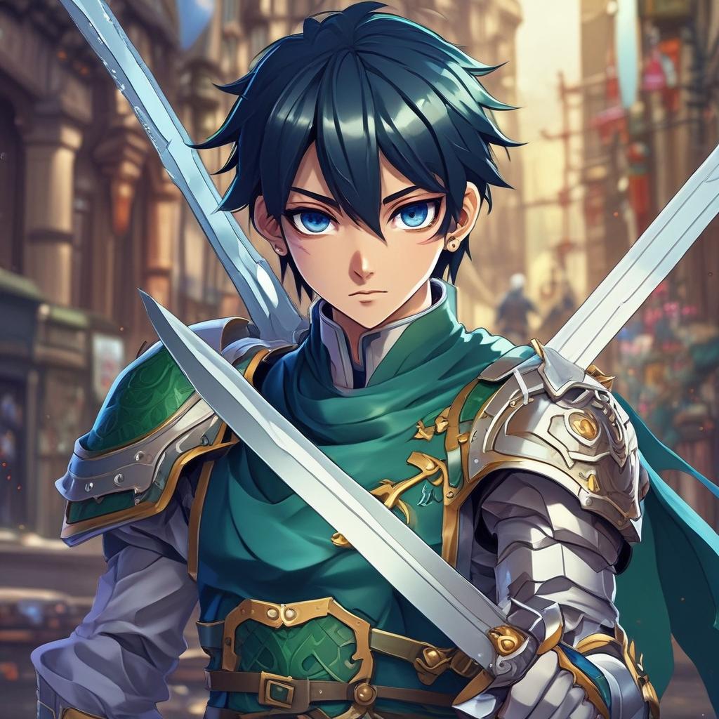 پسری بیست سال با مو های کوتاه به رنگ آبی پر رنگ با چشم های سبز زمردی که زرهی به رنگ نقره ای ب تن دارد و شمشیری در دست دارد23