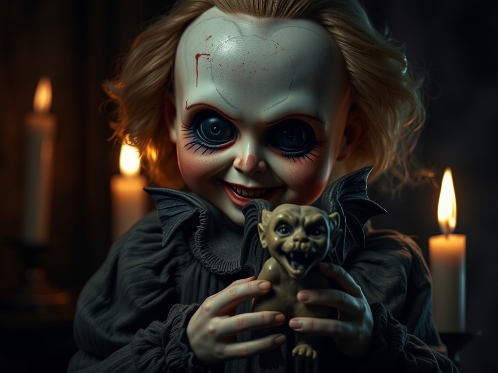 A terrifying porcelain doll with black button eyes and a stitched smile, holding a small ancient demon statue with bird wings and a lion's face. Sinister, dark, hyper-realistic, spooky candlelight.2