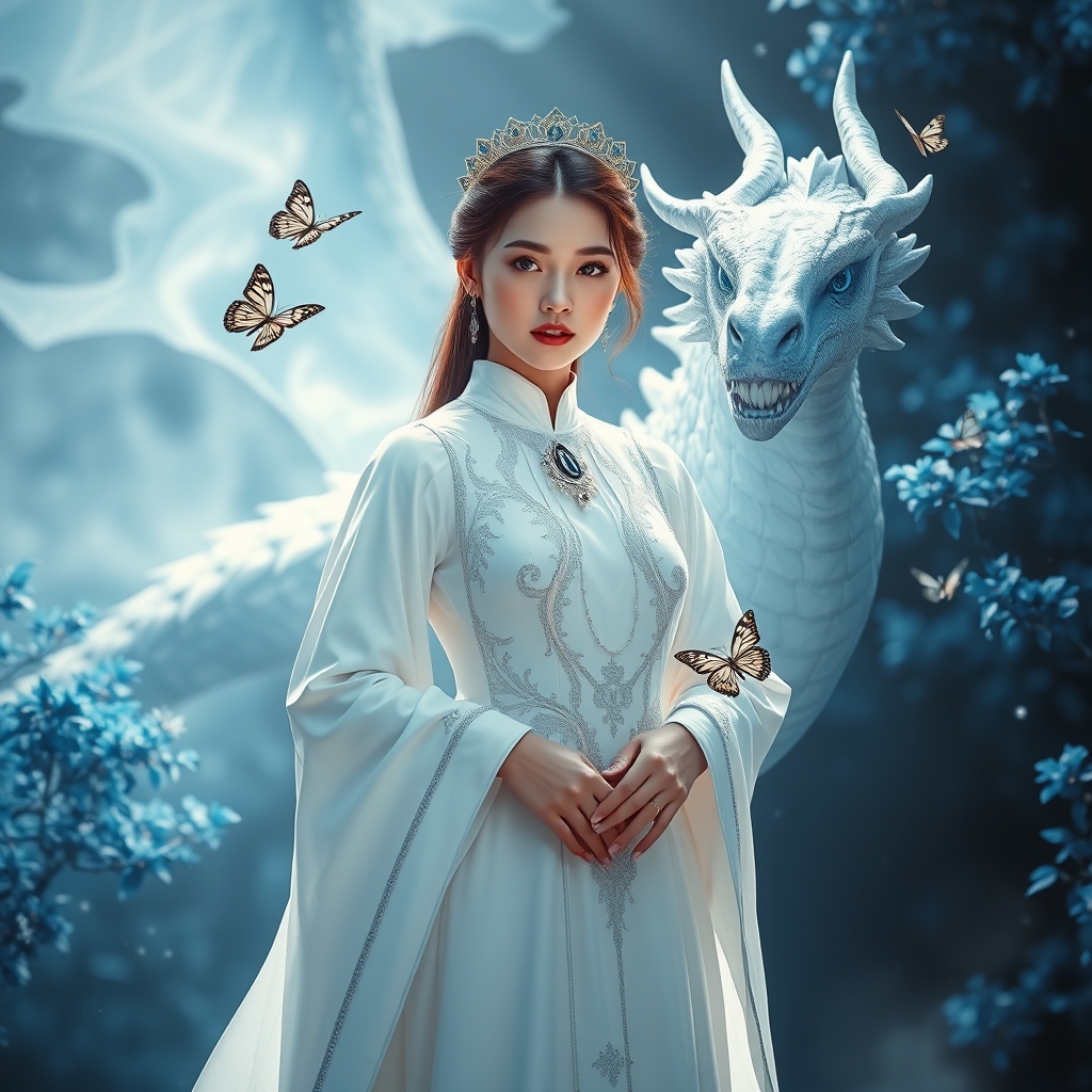 دختره جوان زیباترین بانوی جهان همینطور در هوش مصنوعی رویایی با استفاده از حالت دار زرد براق وچشم های  ابـــی که مردمک در دریا باشند و با پوستی سفید همرنگ برف با نوع قرمز لبی سرخ با لباسی سلطنطی با مدل ابی ناز و نقره ای جواهر دوزی شده با تاج طلایی با نوشته پشتت دختر نور یک جا نیم رخ وایستاده و اژدهای خیلی بزرگ از یخ کنارشه بادی ملایم با برگ های ابی درخشان  لباس دختر موی دختر در حال رقصیدن هستن دختره وایستاده پروانه های زیبا دورو بر دختره و کرم شبتاب های زیبا دور درختان حالت سجده دارند از بس که   زیبا و باشکوه هست   
تصوری زیبا و با شوکوه 3