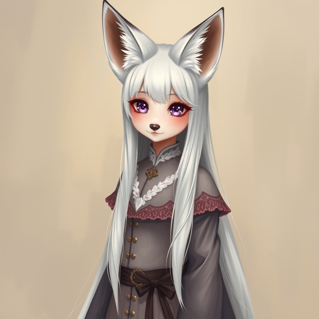 دختره روباهی با دوتا گوش روی سرش  با مو های سفید و بلند تا زیر کمر پوست سفید چشمایه بنفش لب و دماغ خوشگل که به صورتش خیلی میاد دختری بشدت زیبا عکس ایستاده باشه لباس خیلی خیلی زیبا و پوشیده ای داشته باشه0