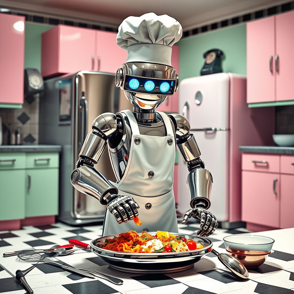 یک سرآشپز رباتی قدیمی در حال تهیه غذا در آشپزخانه‌ای به سبک دهه ۱۹۵۰.17