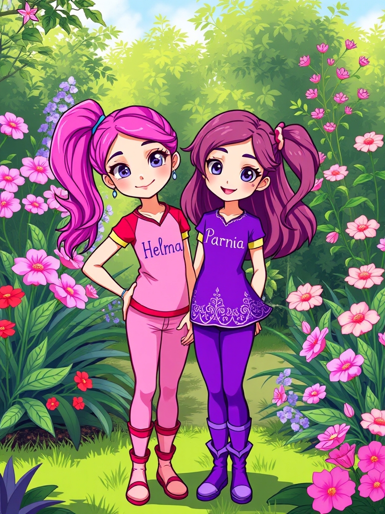 عکس دوتا دختر کنار هم در باغ که یکیشون لباس صورتی دارد و موهای صورتی و یکیشون لباس بنفش و موهای بنفش دارد و روی لباس یکیشون نوشته حلما و روی لباس آن یکی نوشته پرنیا10