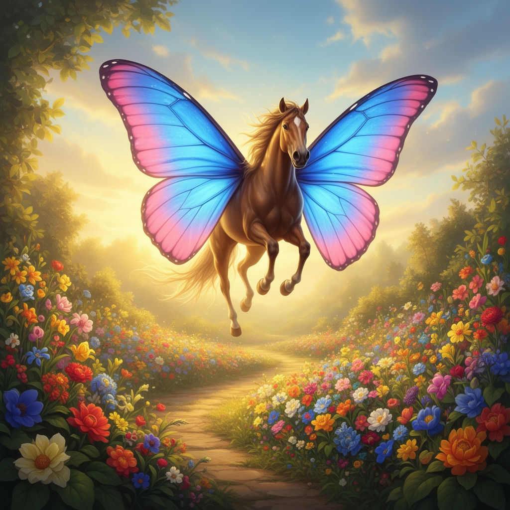 🐎با بال های 🦋 آبی مایل به صورتی در آسمان و پایین آسمان باغی پر از گل 4
