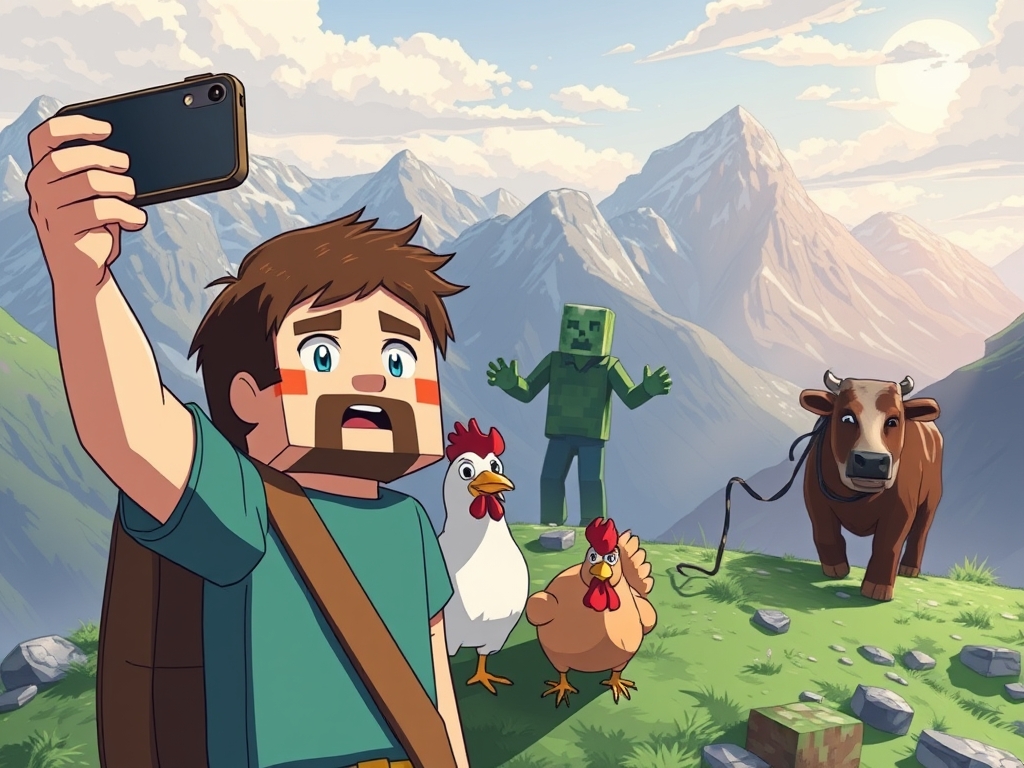 استیو ماین کرفت در حال سلفی گرفتن با یک سگ و یک مرغ یک گاو در منضره ای کوهستانی که زامبی تی دارد به انها نزدیک میشود18
