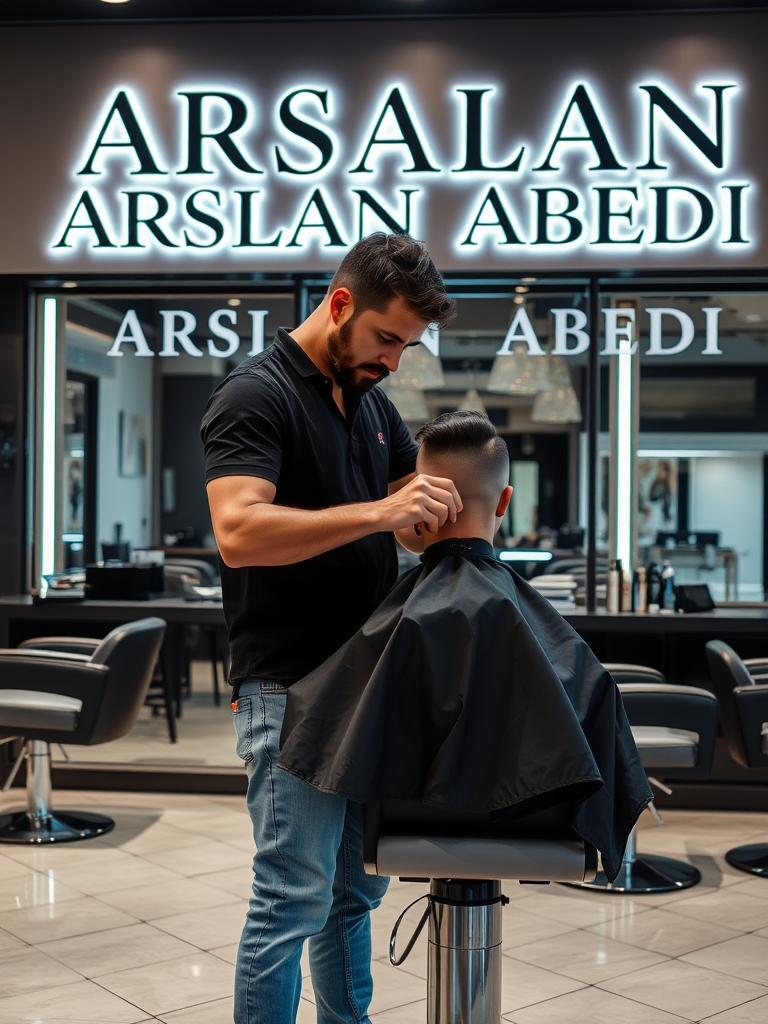 آرایشگر مردانه در حال اصلاح مشتری در یک سالن شیک و باکلاس و یک تابلو بزرگ که روی آن ARSALAN ABEDI نوشته شده است لباس آرایشگر مشکی و شلوار لی یخی رنگ8