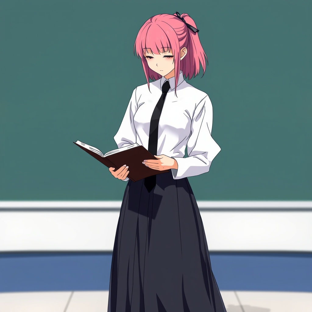 دانش اموزی با دامن کوتاه مشکی و پیرا هن سفید و کروات مشکی 
جلویی دانش اموزان انشا می خواند با مو های صورتی باز 0