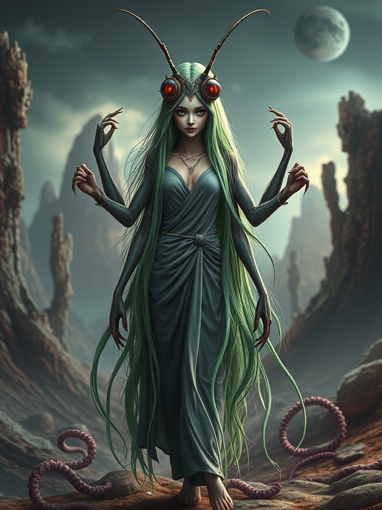 تصویر خیالی و سورئال از یه زن با موهای بلند سبز و دو چشم مثل چشمهای حشرات روی صورتش، دو شاخک مثل شاخک حشرات، چهار دست ادم داشته باشه و از کمر به پایین پاهای اختاپوس داشته باشه در یک مکان عجیب 0