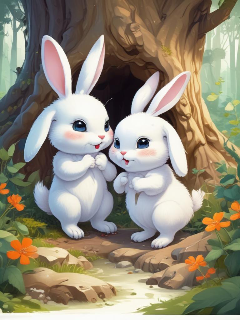دو تا بچه خرگوش سفید بامزه درحال بازی کردن در جنگل 4